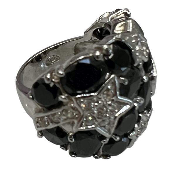 STERLING SILVER BLACK & CLEAR CRYSTALS NIGHT SKY WITH STARS COCKTAIL RING SIZE 7 - Picture 16 of 16